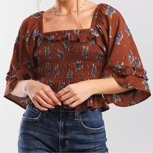 Free People Smocked Floral Cropped Top Fig Large (Fits XS–M) NWT